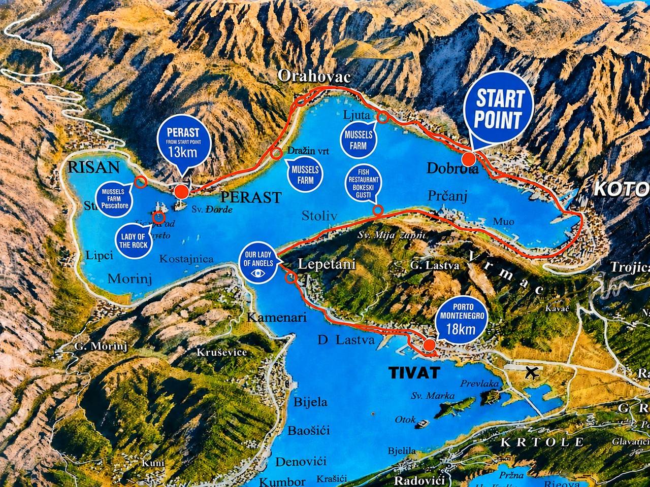 Map of the Bay of Kotor showing the Perast and Tivat cycling routes from the Dobrota start point